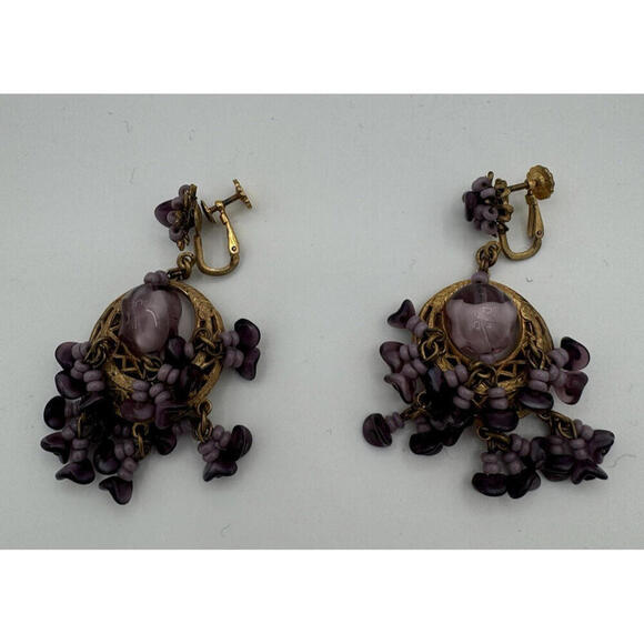 Vintage Miriam Haskell Dangle Glass Bead Purple Gold Tone Earrings - Picture 2 of 7